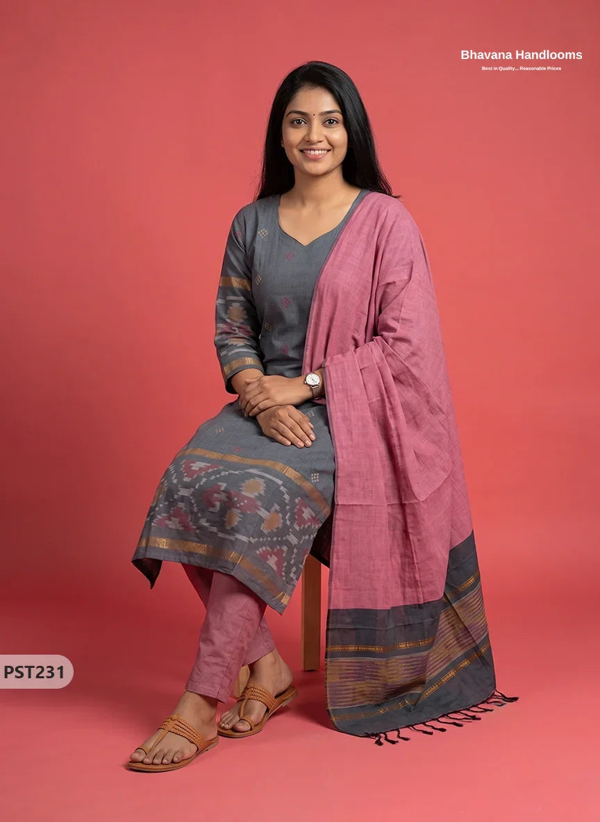 Pochampally Semi Pattu 3PC Kurti Set in Slate Grey Colour | Ready-to-Wear Ethnic Wear
