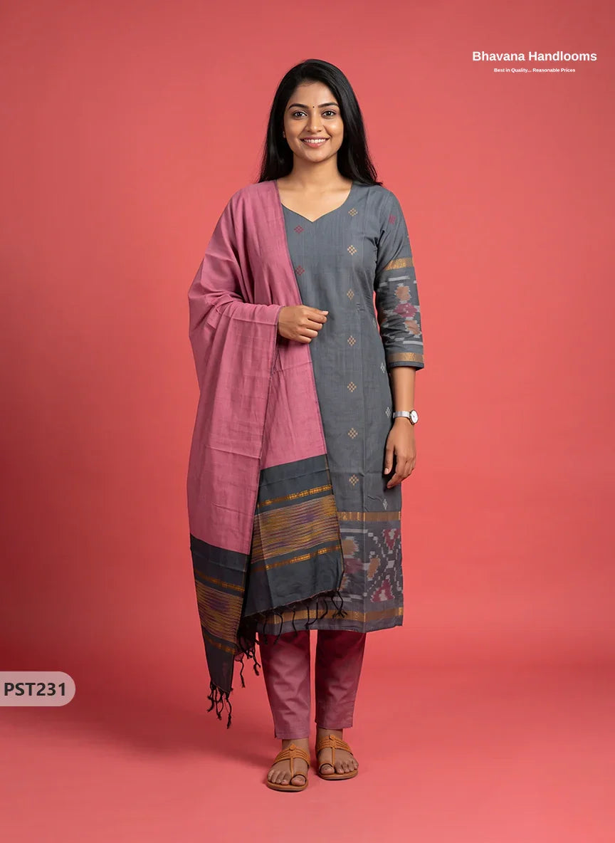 Pochampally Semi Pattu 3PC Kurti Set in Slate Grey Colour | Ready-to-Wear Ethnic Wear