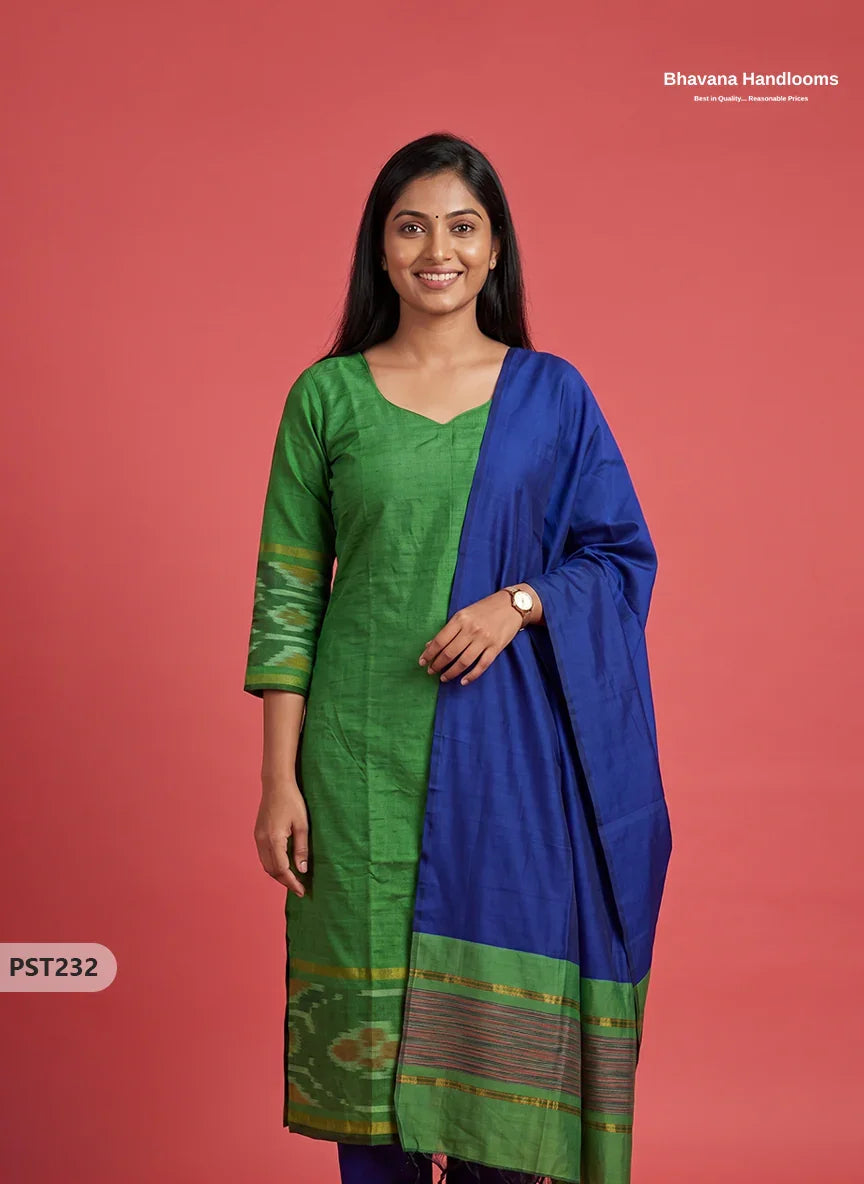 Pochampally Semi Pattu 3PC Kurti Set in Leaf Green Colour | Ready-to-Wear Ethnic Wear