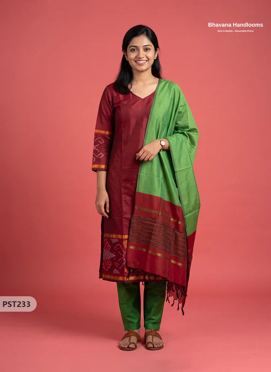 Pochampally Semi Pattu 3PC Kurti Set in Brick Maroon Colour | Ready-to-Wear Ethnic Wear