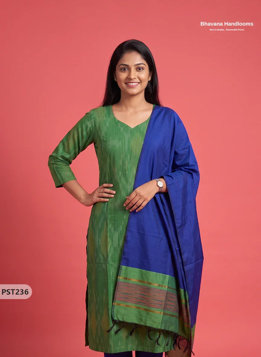 Pochampally Semi Pattu 3PC Kurti Set in Leaf Green Colour | Ready-to-Wear Ethnic Wear