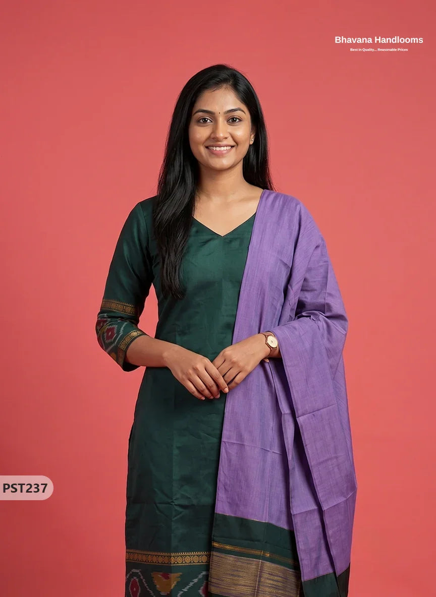 Pochampally Semi Pattu 3PC Kurti Set in Bottle Green Colour | Ready-to-Wear Ethnic Wear