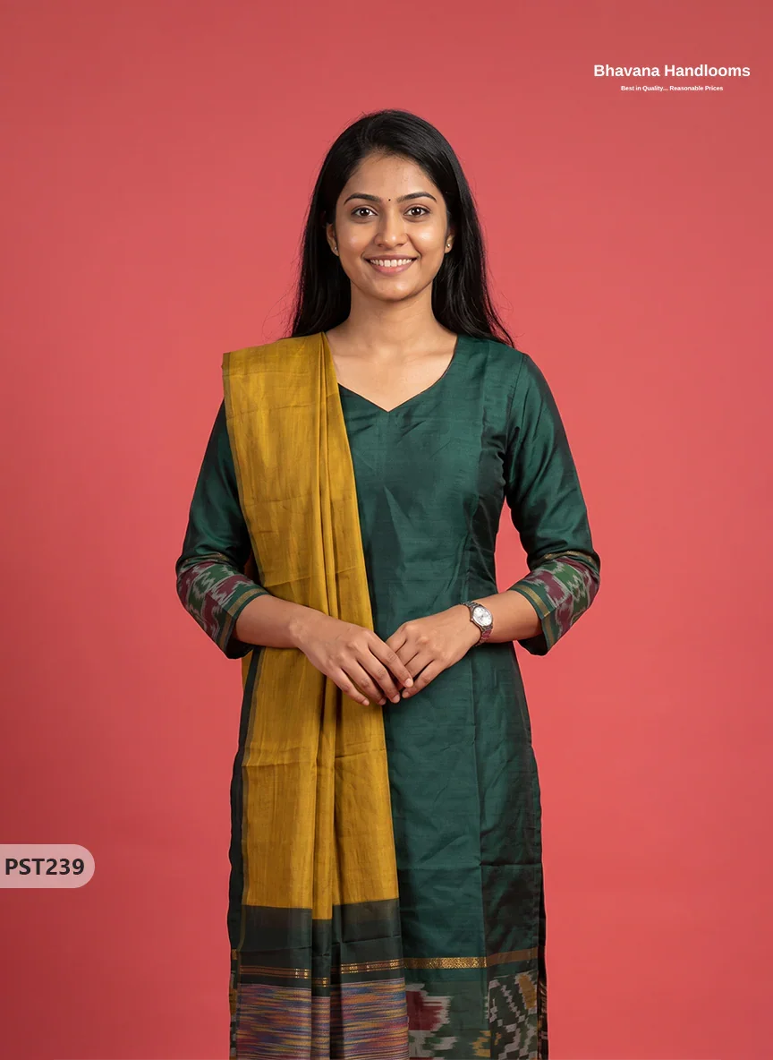 Pochampally Semi Pattu 3PC Kurti Set in Bottle Green Colour | Ready-to-Wear Ethnic Wear