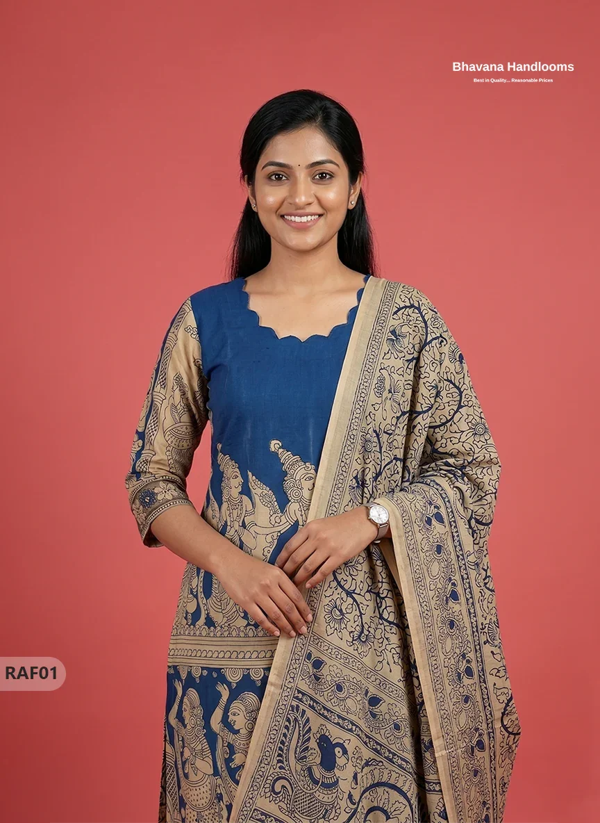 Premium Kalamkari Ramayanam Design 3PC Kurti Set with Elastic Bottom | Blue Ethnic Wear