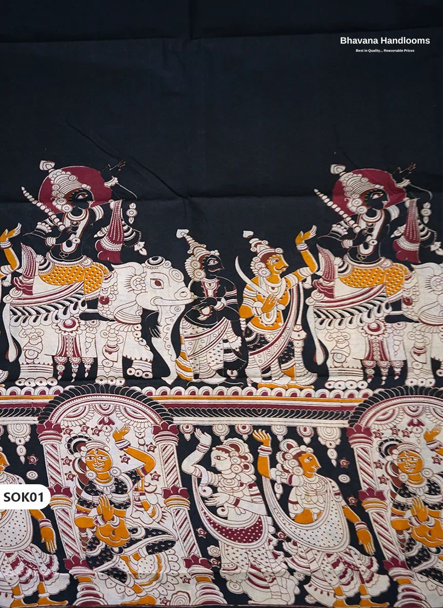 Kalamkari Dress Material 3PC Set in Black Colour with Georgette Dupatta