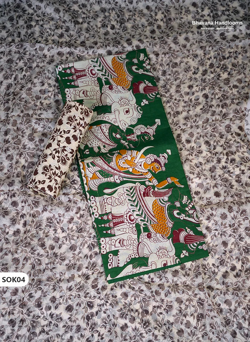 Kalamkari Dress Material 3PC Set in Forest Green Colour with Georgette Dupatta