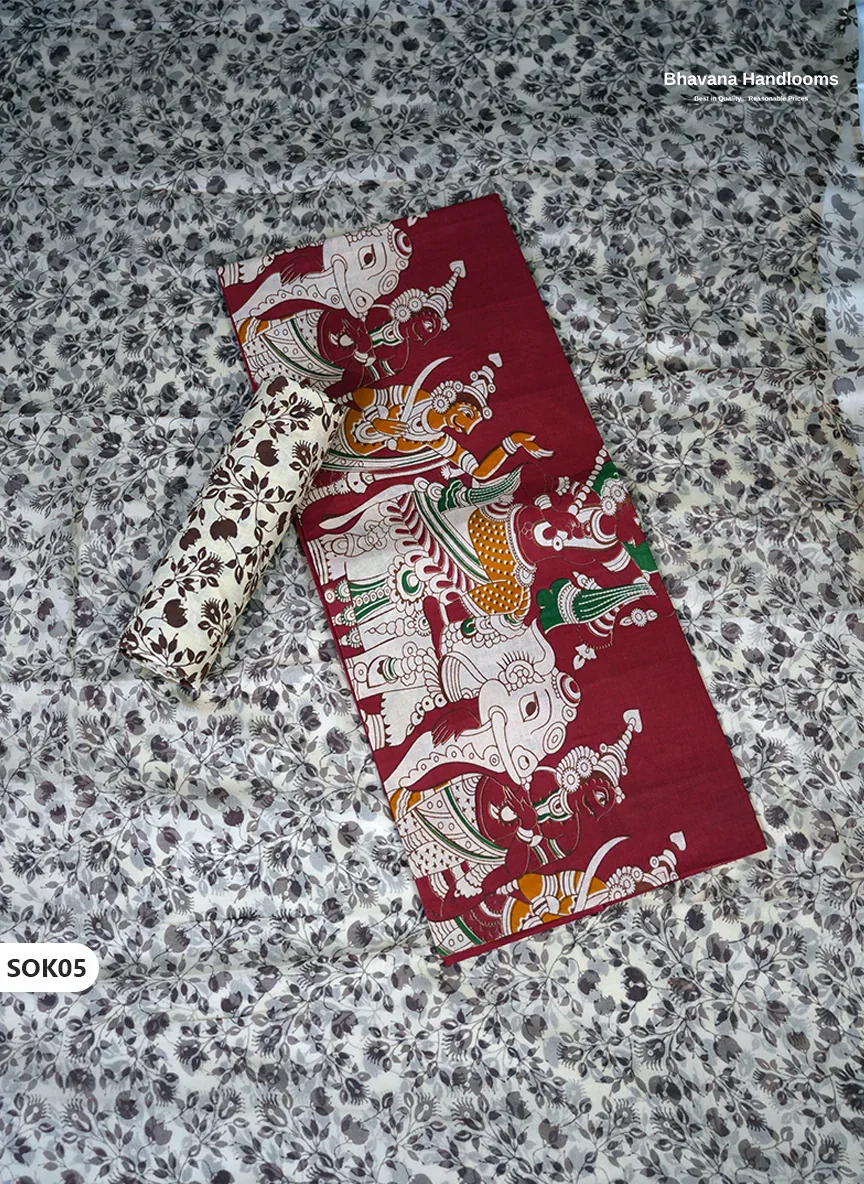 Kalamkari Dress Material 3PC Set in Brick Red Colour with Georgette Dupatta