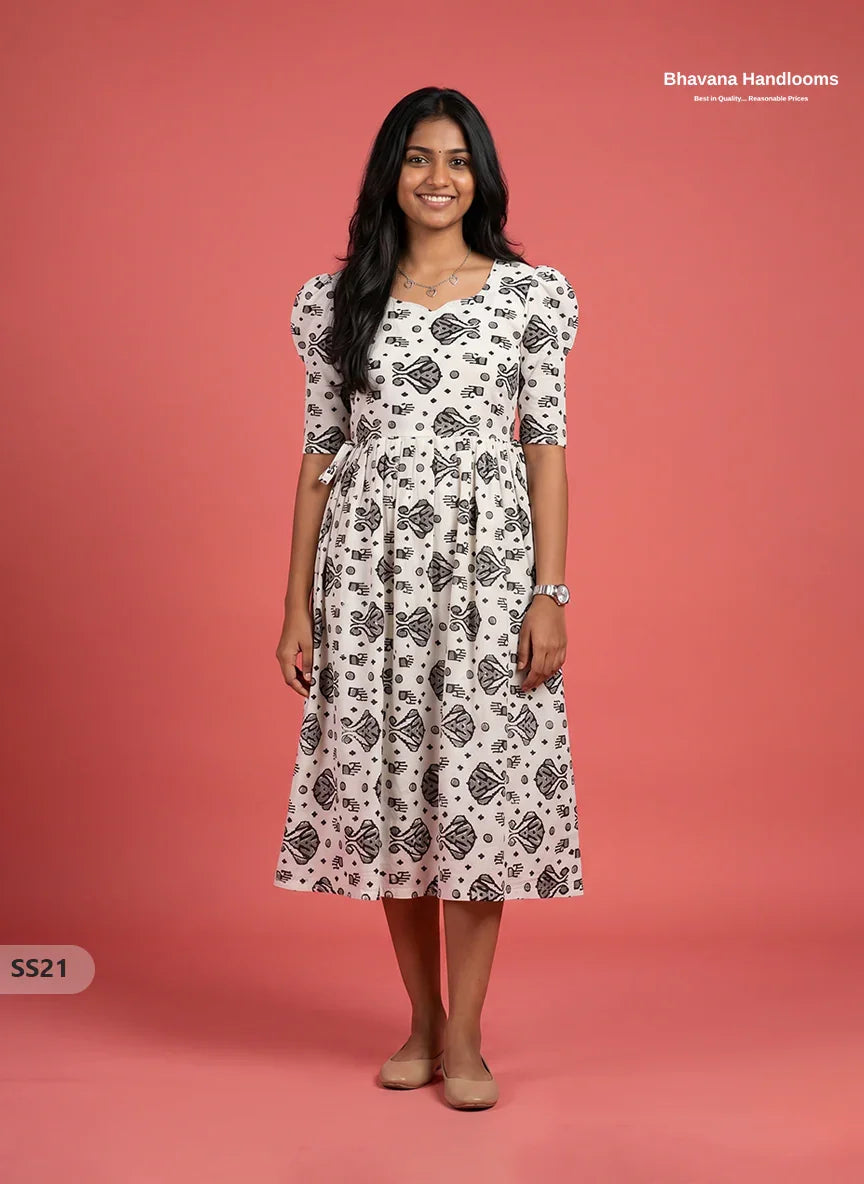 Elegant White Handblock Printed Cotton Frock with Side Knots | Comfortable Ethnic Casual Wear