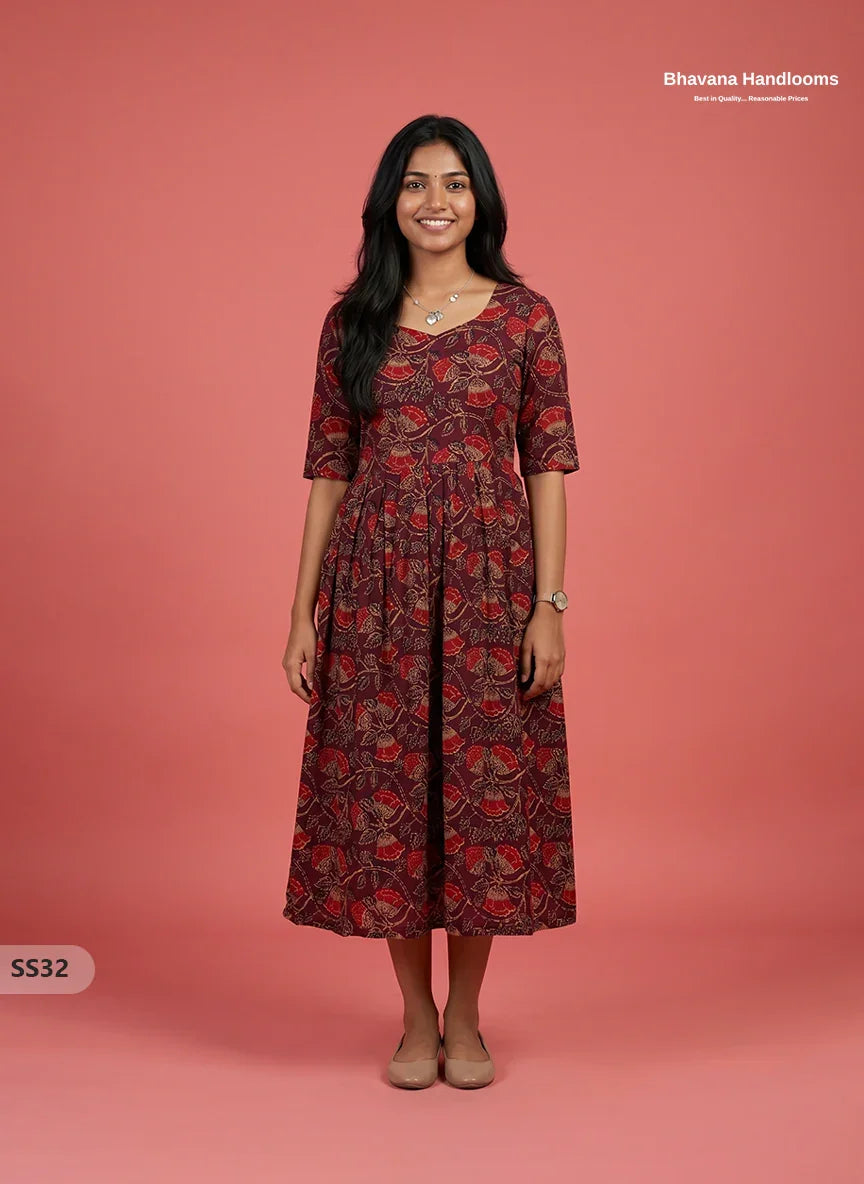 Kalamkari Design Frock – Burgundy Maroon Colour | Handloom Ethnic Wear with Half Lining