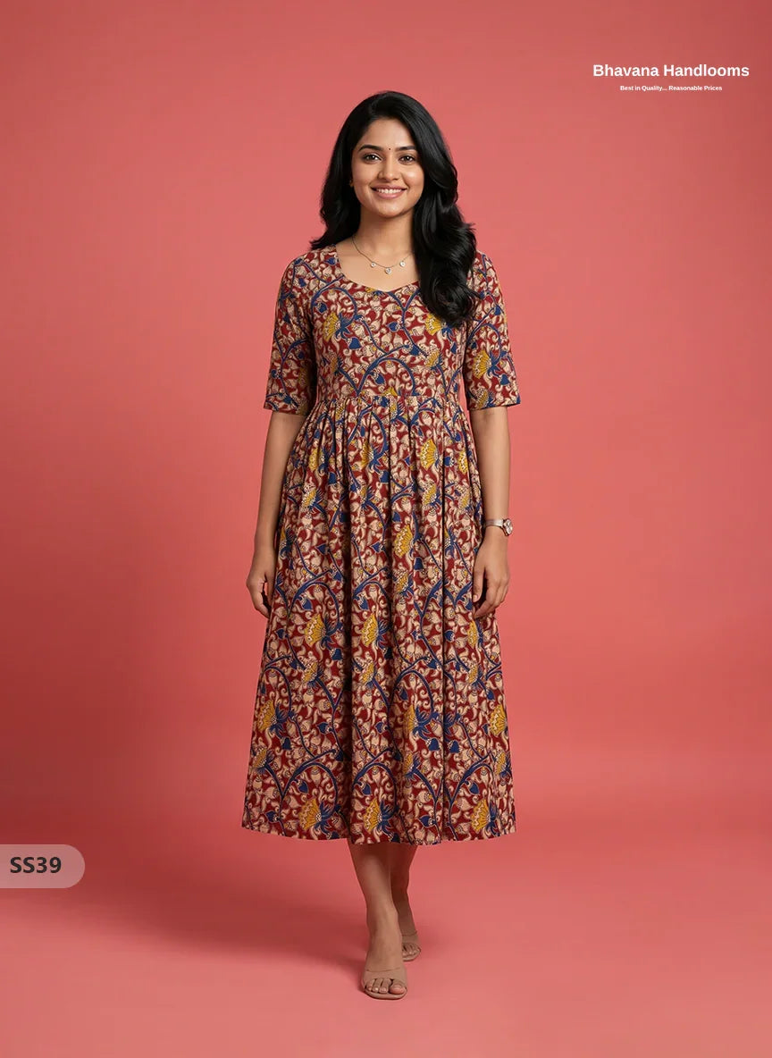 Kalamkari Design Frock – Brick Red Colour | Handloom Ethnic Wear with Half Lining