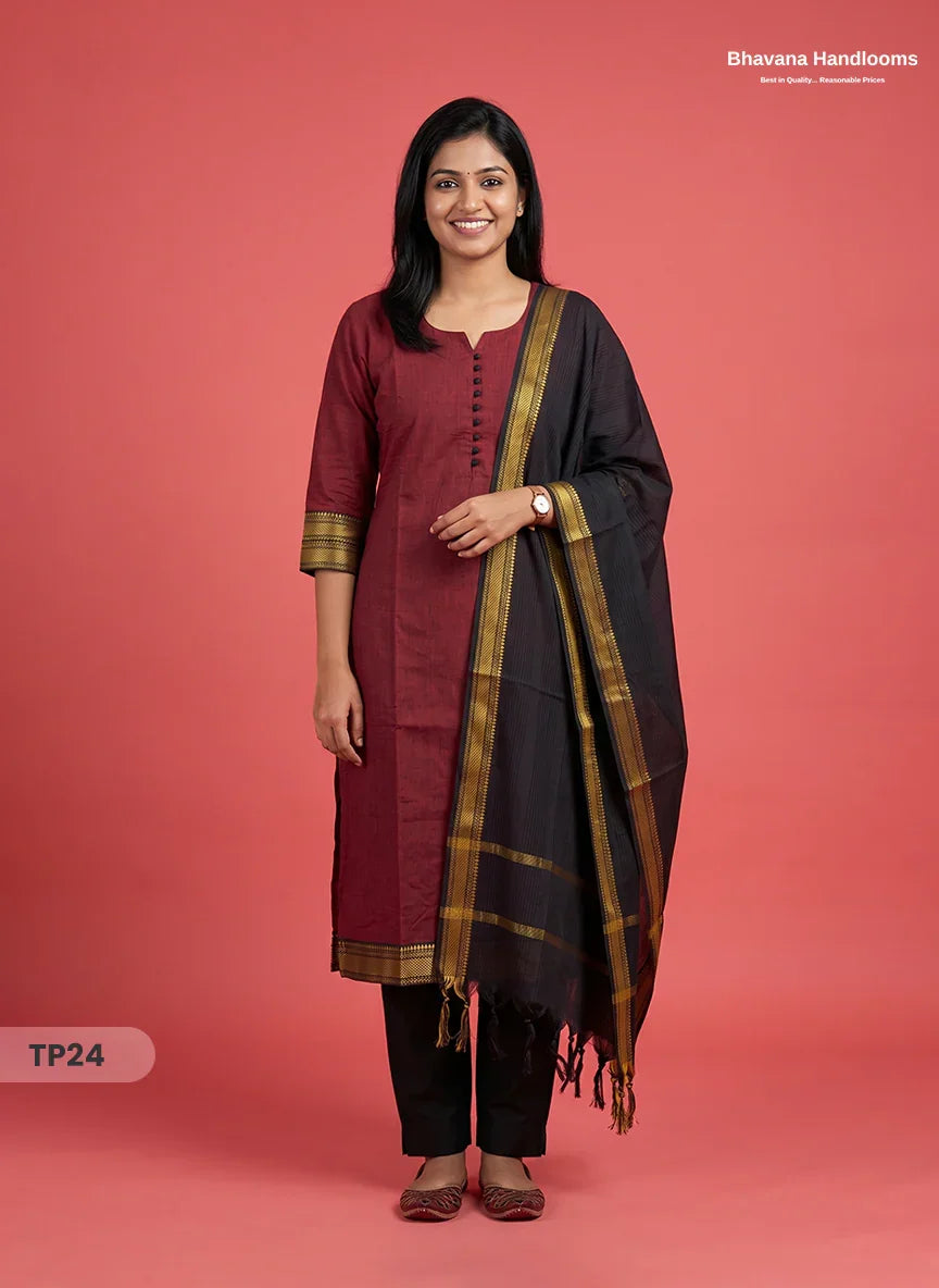 Mangalagiri Cotton 3PC Kurti Set with Potli Balls & Thread Border | Black & Red Double Weave