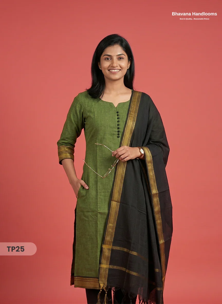 Mangalagiri Cotton 3PC Kurti Set with Potli Balls & Thread Border | Black & Pesara Green Double Weave