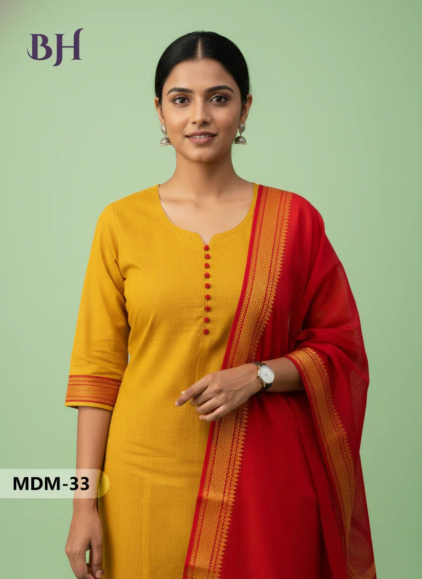 Mangalagiri Cotton 3PC Set – Yellow | Full-Length Lining | Handloom Ethnic Wear