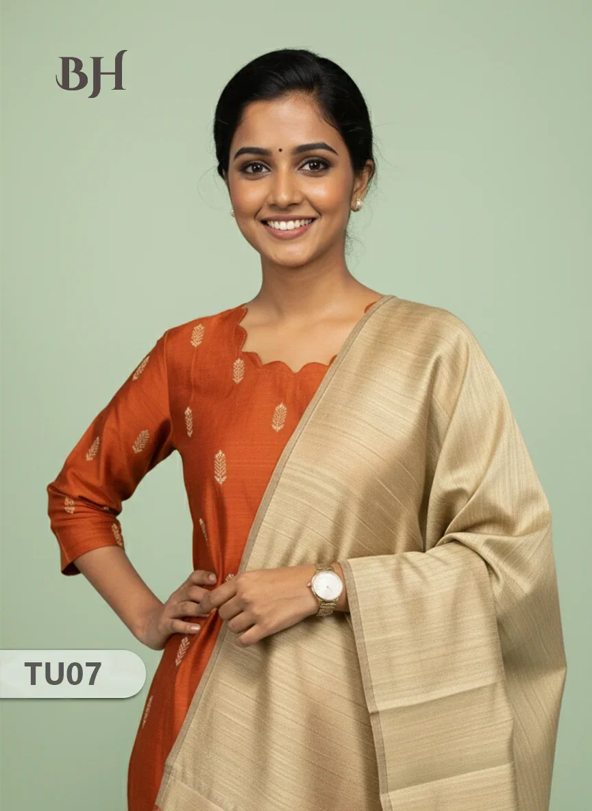 Raw Silk 3-Piece Kurti Set with Cut Work Neck Design in Orange Colour | Full-Length Lined Kurti with Gold Dupatta