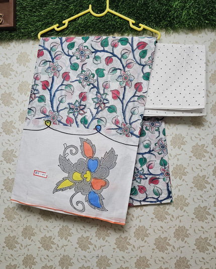 Floral Printed White Cotton Saree with Green & Red