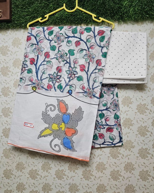 Floral Printed White Cotton Saree with Green & Red