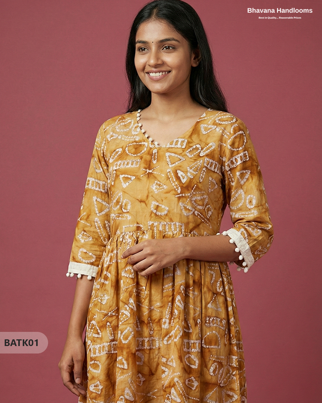 Handmade Batik Frock with Natural Dye – Potli Ball Neck Design Bronze Colour with Half Lining
