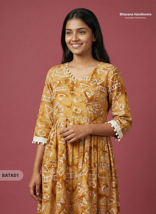 Handmade Batik Frock with Natural Dye – Potli Ball Neck Design Bronze Colour with Half Lining