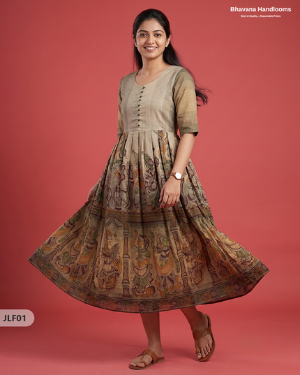 Traditional Handloom Frock with Ramayanam Design Prints in Multi Colour Shades | Beige Colour