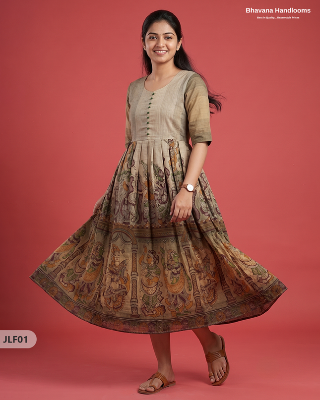 Traditional Handloom Frock with Ramayanam Design Prints in Multi Colour Shades | Beige Colour