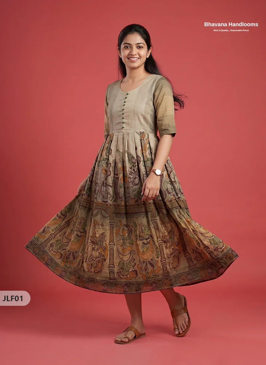 Traditional Handloom Frock with Ramayanam Design Prints in Multi Colour Shades | Beige Colour