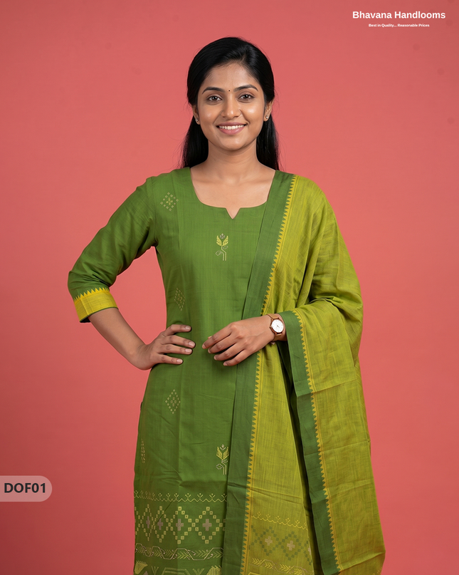 Mangalagiri Handloom Printed Cotton Kurti Set Green Colour with Elastic Bottom | Ready-to-Wear Ethnic Wear