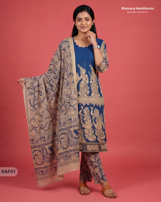 Premium Kalamkari Ramayanam Design 3PC Kurti Set with Elastic Bottom | Blue Ethnic Wear