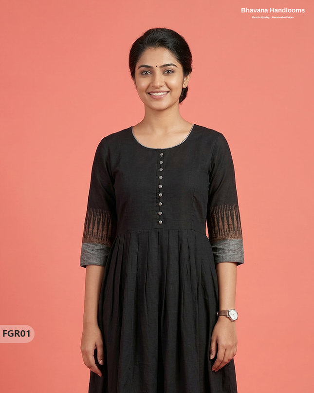 Summer Special Premium Cotton Handloom Frock with Woven Design | Black Colour