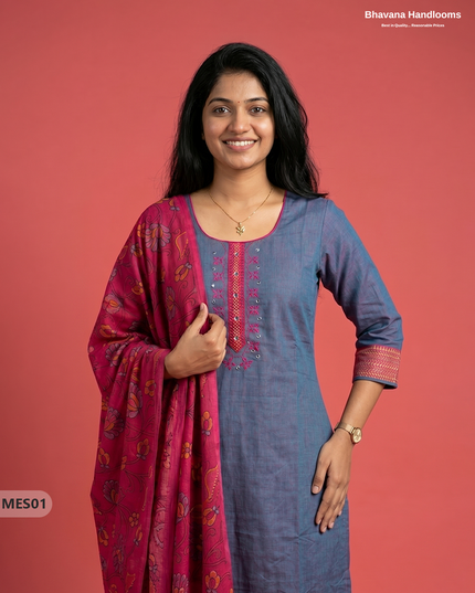 Premium Mangalagiri Kurti Set with Embroidery Design, Threads Bottom & Printed Dupatta – Slate Blue Colour