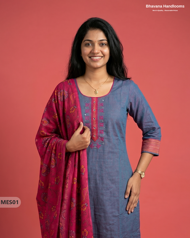 Premium Mangalagiri Kurti Set with Embroidery Design, Threads Bottom & Printed Dupatta – Slate Blue Colour