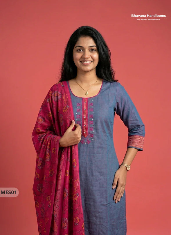 Premium Mangalagiri Kurti Set with Embroidery Design, Threads Bottom & Printed Dupatta – Slate Blue Colour