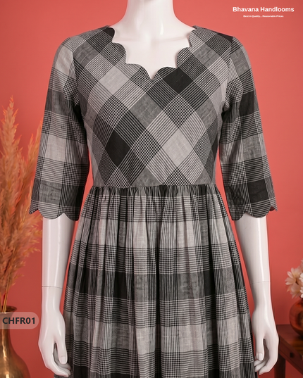 Handloom Cotton Frock in Silver Gray & Black Checks with Stylish Neck Cut Work | Soft & Comfortable