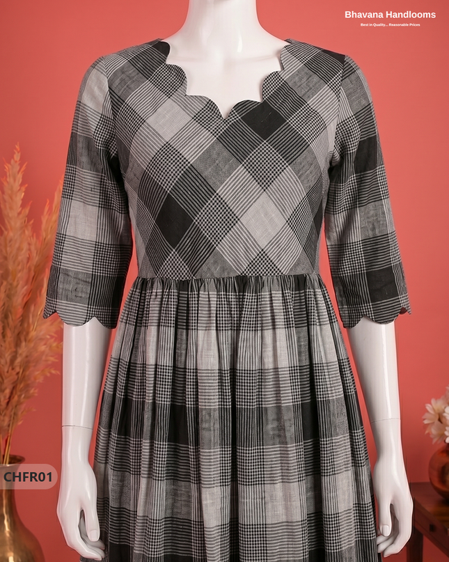 Handloom Cotton Frock in Silver Gray & Black Checks with Stylish Neck Cut Work | Soft & Comfortable