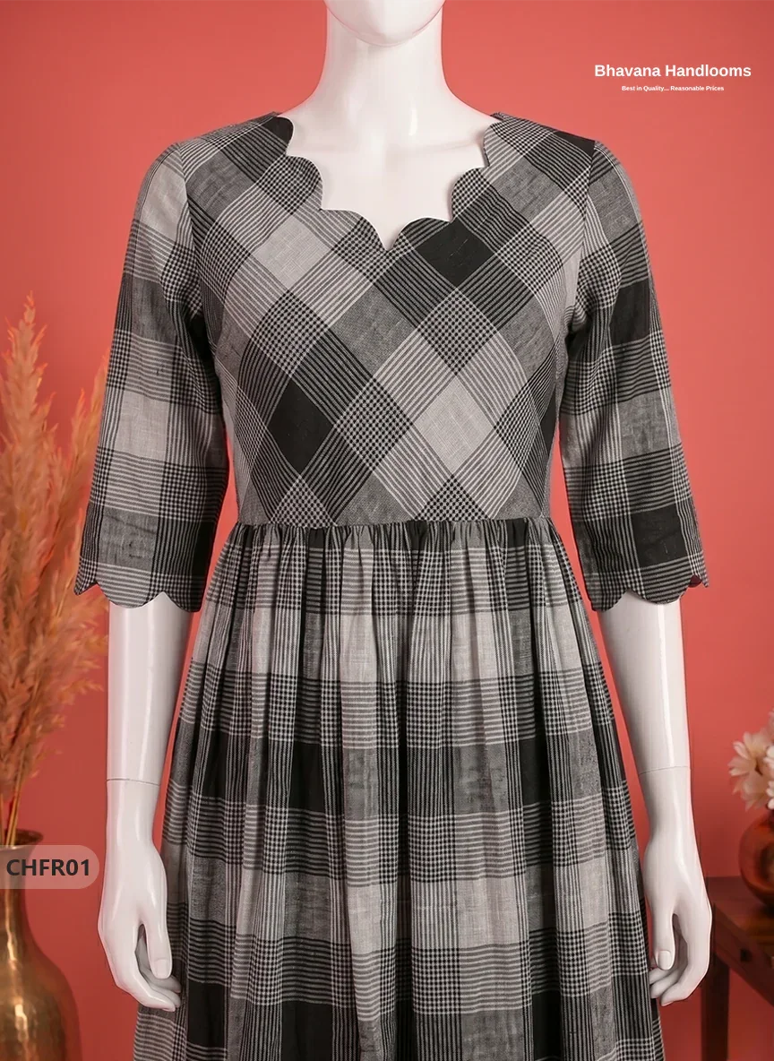 Mangalagiri Cotton Frock in Silver Gray & Black Checks with Stylish Neck Cut Work | Soft & Comfortable