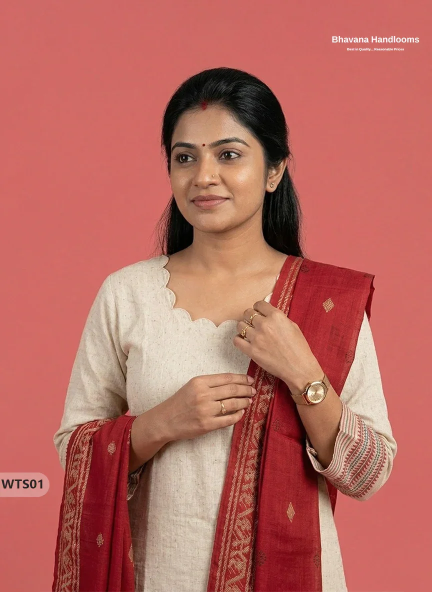 Stylish Handloom Jacquard 3PC Kurti Set with Printed Dupatta & Half White Kurti
