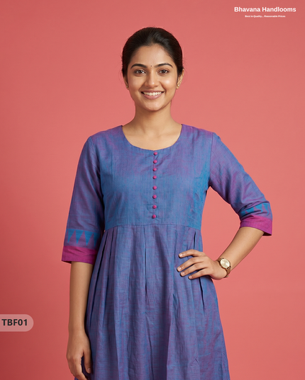 Premium Mangalagiri Temple Border Frock with Potli Buttons | Dusty blue with purple undertonesColour | Half Lining