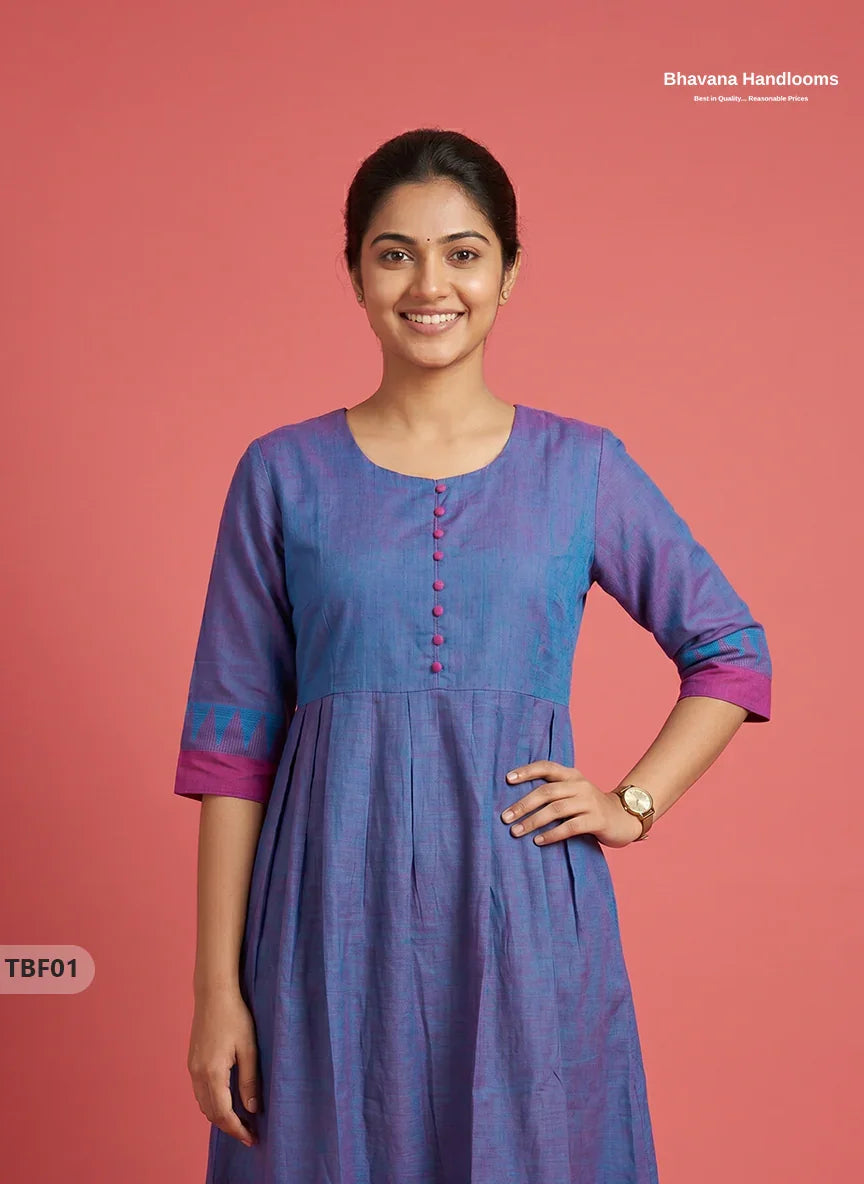 Premium Mangalagiri Temple Border Frock with Potli Buttons | Dusty blue with purple undertonesColour | Half Lining