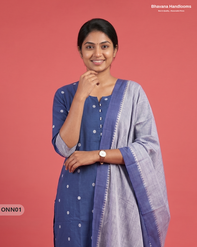 Mangalagiri Premium Cotton 3PC Set with Full-Length Lining & Elastic Pocket Bottom – Tealish Blue colour