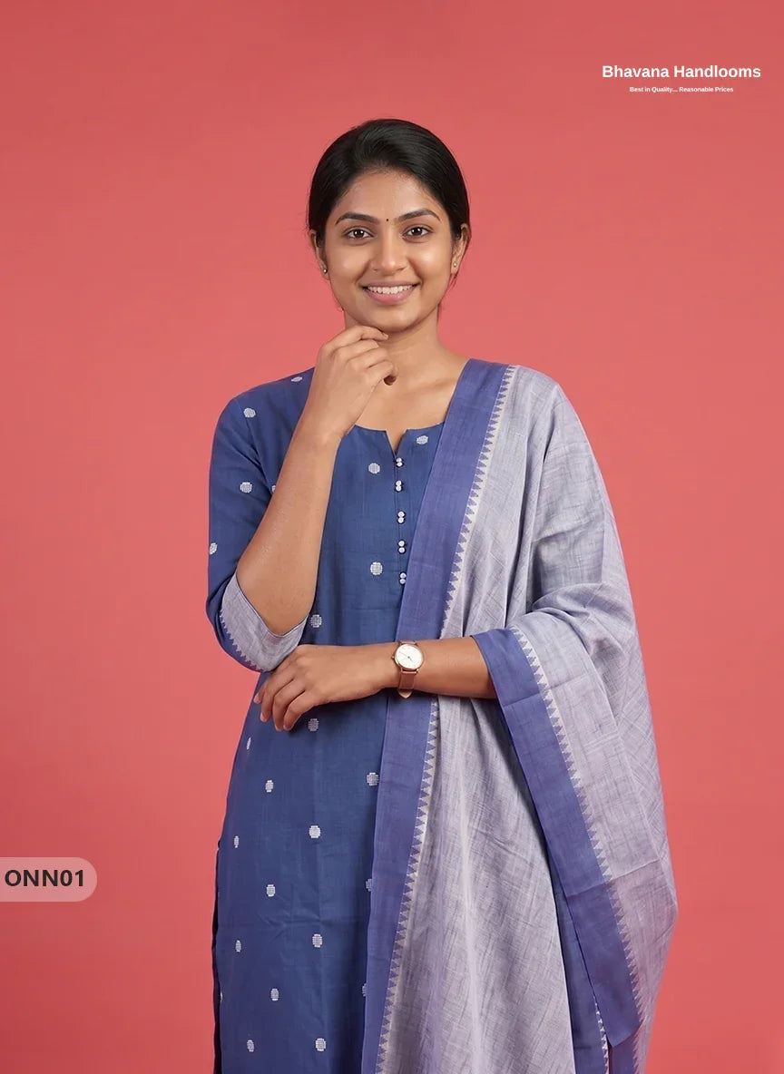 Mangalagiri Premium Cotton 3PC Set with Full-Length Lining & Elastic Pocket Bottom – Tealish Blue colour