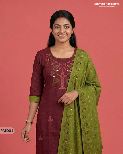 Premium Dark Red Kurti Set with Birds Print & Mirror Finishing | Ready-to-Wear