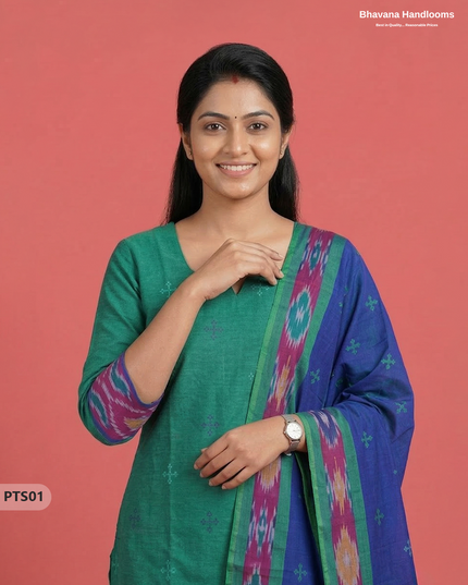 Traditional Pochampally Border 3PC Kurti Set with Dupatta in Green colour | Ready-to-Wear Ethnic Set