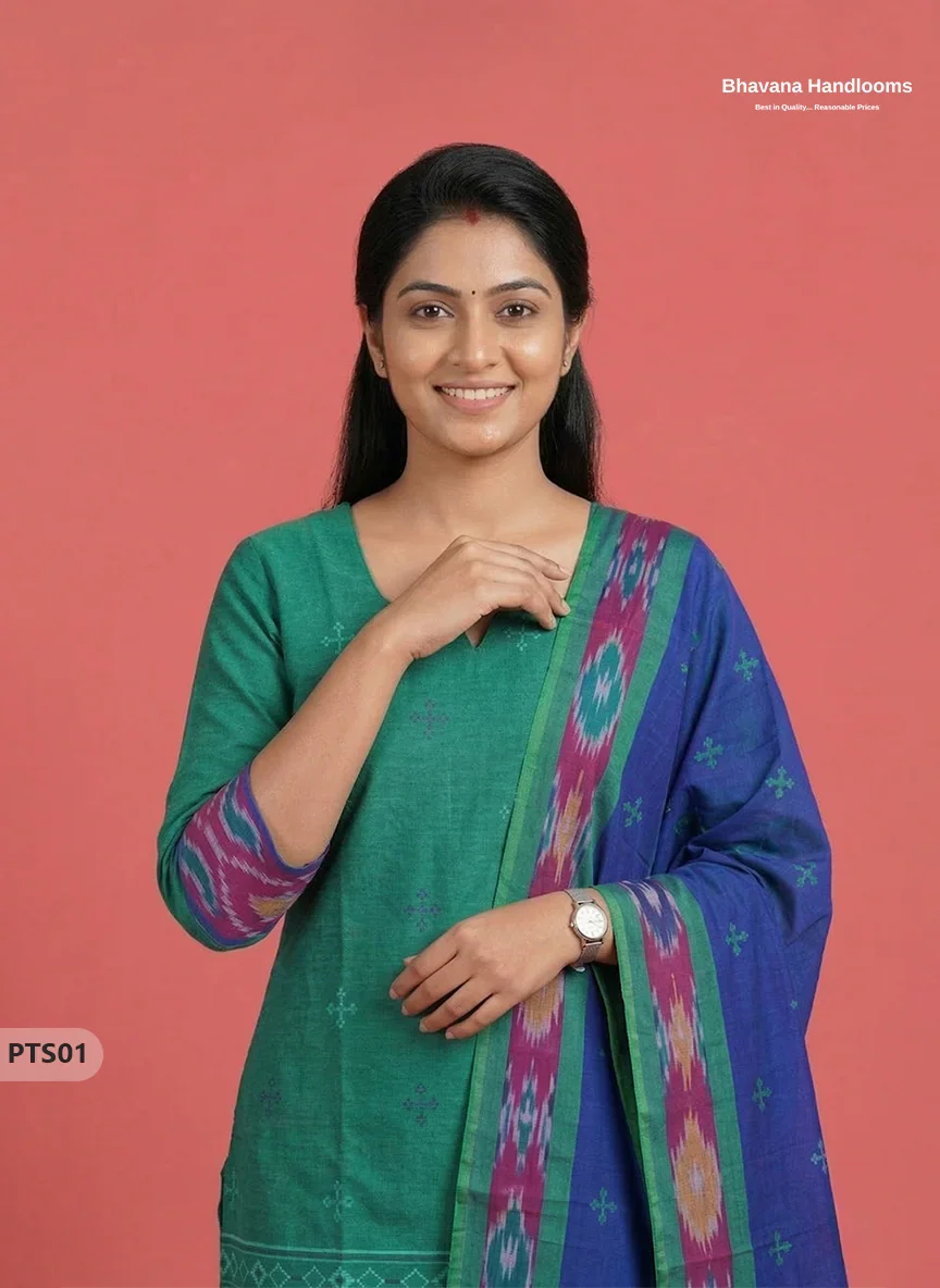 Traditional Pochampally Border 3PC Kurti Set with Dupatta in Green colour | Ready-to-Wear Ethnic Set