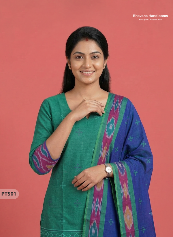 Traditional Pochampally Border 3PC Kurti Set with Dupatta in Green colour | Ready-to-Wear Ethnic Set