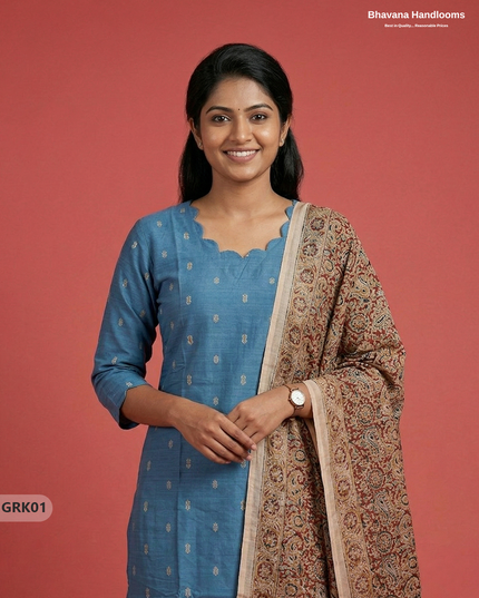 Raw Silk 3PC Kurti Set with Kalamkari Dupatta & Elastic Bottom in Sky Blue Colour | Ethnic Wear
