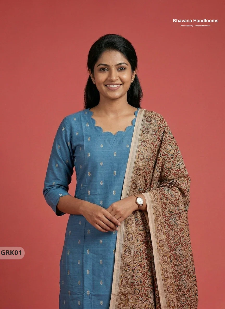 Raw Silk 3PC Kurti Set with Kalamkari Dupatta & Elastic Bottom in Sky Blue Colour | Ethnic Wear
