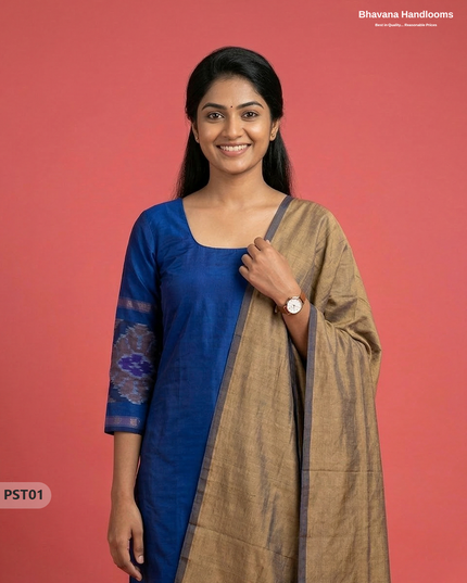 Pochampally Semi Pattu 3PC Kurti Set in Blue Colour | Ready-to-Wear Ethnic Wear