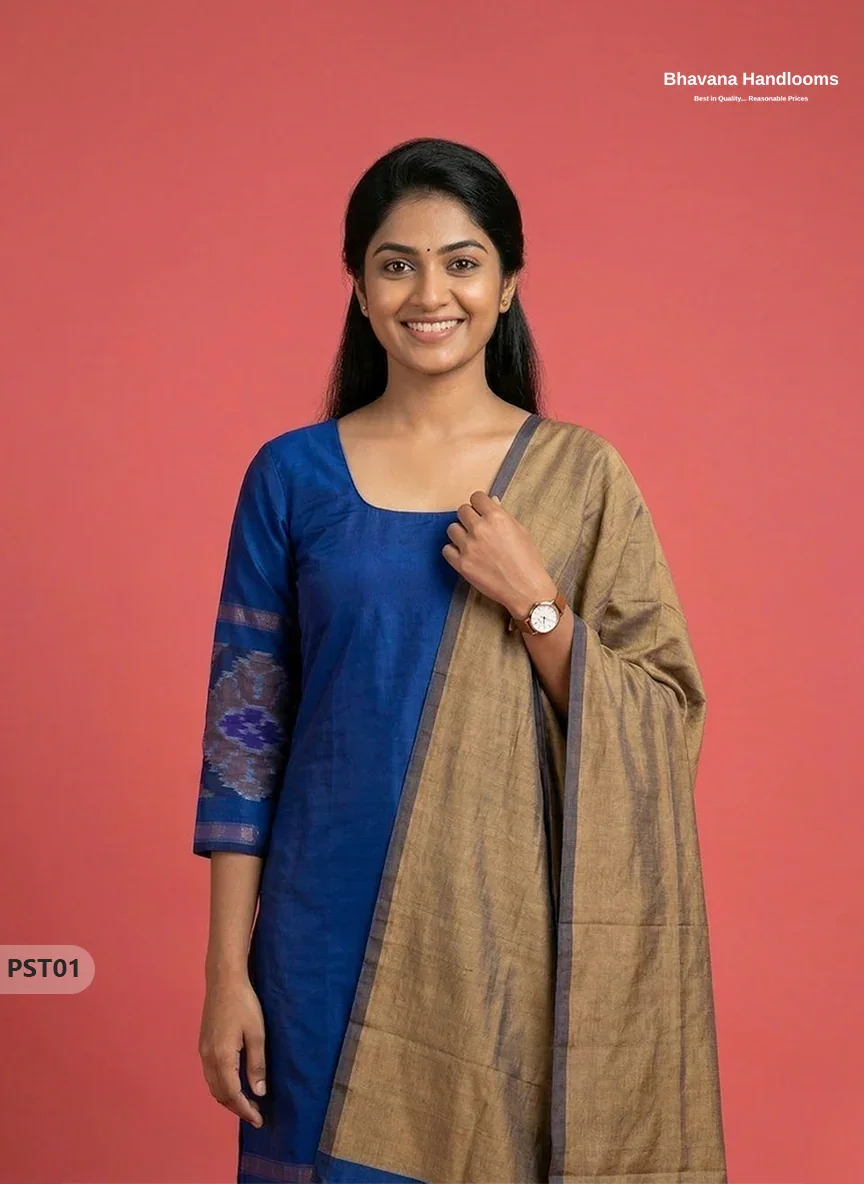 Pochampally Semi Pattu 3PC Kurti Set in Blue Colour | Ready-to-Wear Ethnic Wear