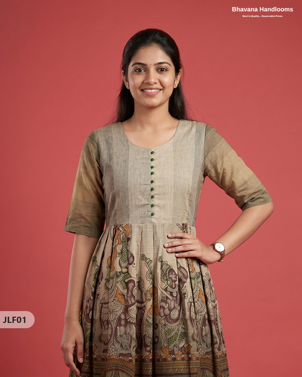 Traditional Handloom Frock with Ramayanam Design Prints in Multi Colour Shades | Beige Colour