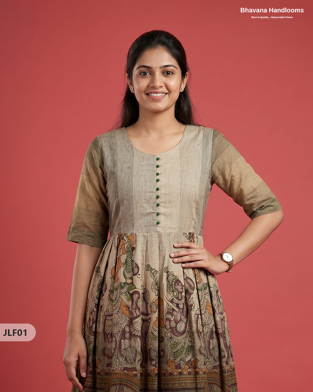 Traditional Handloom Frock with Ramayanam Design Prints in Multi Colour Shades | Beige Colour