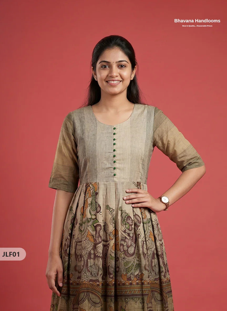 Traditional Handloom Frock with Ramayanam Design Prints in Multi Colour Shades | Beige Colour